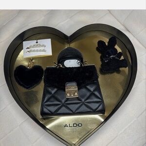 Aldo Black Quilted Handbag with Heart and Plush Accessories
